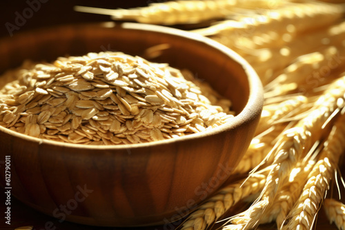 bowl of oatmeal with wheat on kitchen table . healthy cereal grain with fiber. generative ai photo