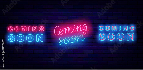 Coming soon neon signs collection. Party and sale preparation labels set. Glowing lettering. Vector stock illustration