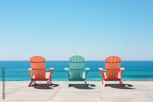 colorful deck chairs near sea. relax  summer and vacation. generative ai