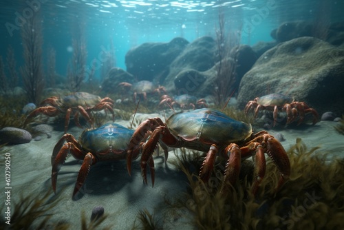 A detailed illustration of a group of crustaceans, such as crabs or lobsters, in a lively and bustling marine environment, Generative AI