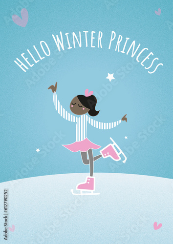 Hello Winter Princess - cute ice skating girl card