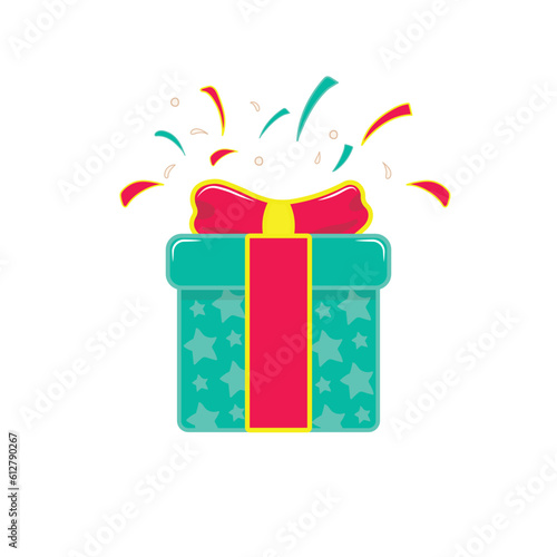 surprise gift box, birthday celebration, special give away package, loyalty program reward, wonder gift with exclamation mark, vector icon, flat illustration by wordspotrayal