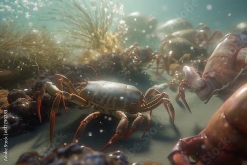 A detailed illustration of a group of crustaceans, such as crabs or lobsters, in a lively and bustling marine environment, Generative AI © RONALDO