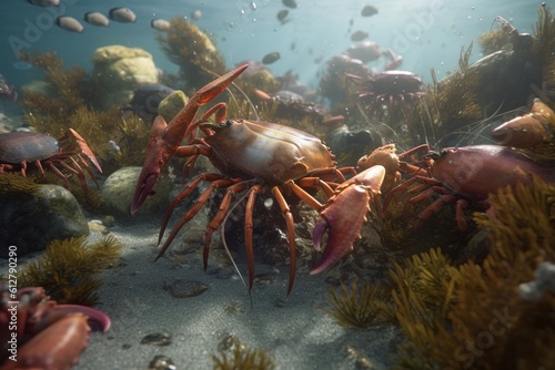 A detailed illustration of a group of crustaceans  such as crabs or lobsters  in a lively and bustling marine environment  Generative AI