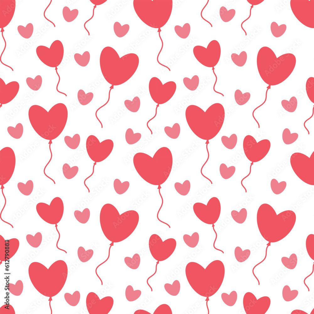 vector illustration of a seamless pattern of pink hearts and heart-shaped balloons on a white background. Festive background for wedding or valentine's day packaging and web design