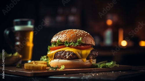 Fresh tasty chicken burger on wood table. Generative AI