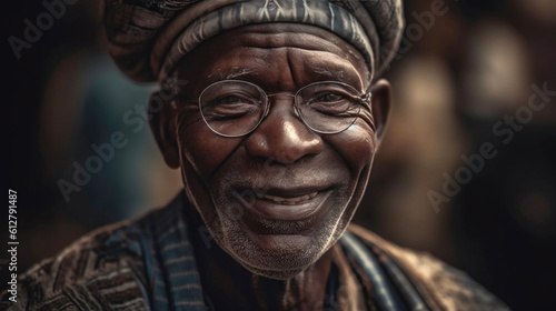 Radiant Wisdom: Close-up Portrait of a Smiling African Elder. Generative AI