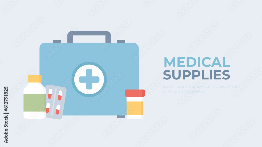 First aid kit, medical supplies vector. Pills and medications travel case flat illustration