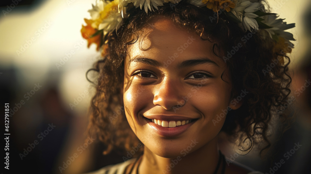 Polynesian Elegance: Stunning Close-Up of a Smiling Young Woman. Generative AI