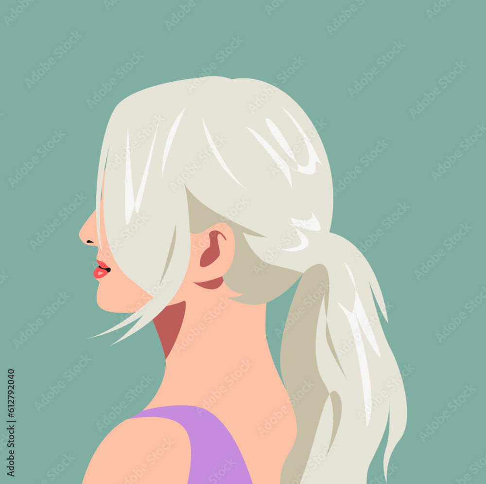 avatar portrait of beautiful girl face with ponytail blonde hairstyle. hair covering the face. side view. vector graphic.
