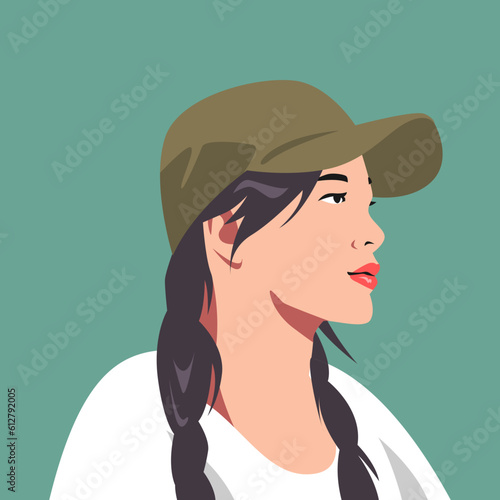 avatar girl with pigtail hairstyle wearing hat. side view. vector graphic. © Irkhamsterstock