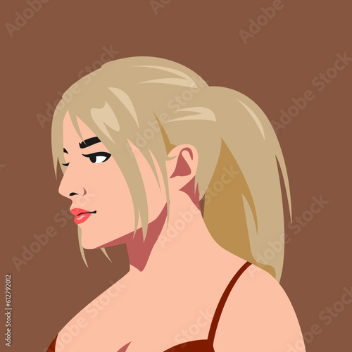 Avatar a beautiful and sexy woman face with a blonde ponytail hairstyle. side view. vector graphic.