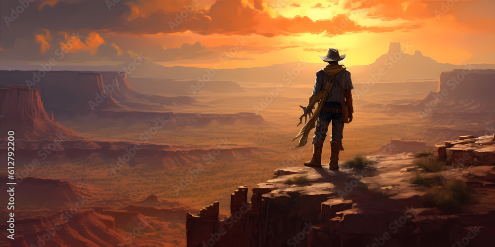 Lone cowboy, standing atop a rocky cliff overlooking a vast, arid desert, the setting sun casting. Wild west. Generative ai.