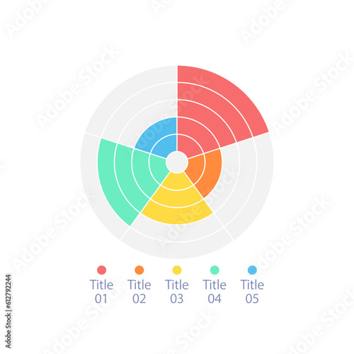 Concentric circle infographic diagram design template with five pies. Editable multi layered infochart with different values. Visual data presentation. Myriad Pro-Bold, Regular fonts used