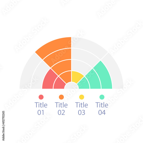 Semi circle infographic diagram design element with four parts. Different categories pies. Editable circular infochart with sectors. Visual data presentation. Myriad Pro-Bold, Regular fonts used