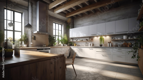 Industrial-Inspired Minimalism  Loft Kitchen with White Cabinets. Generative AI