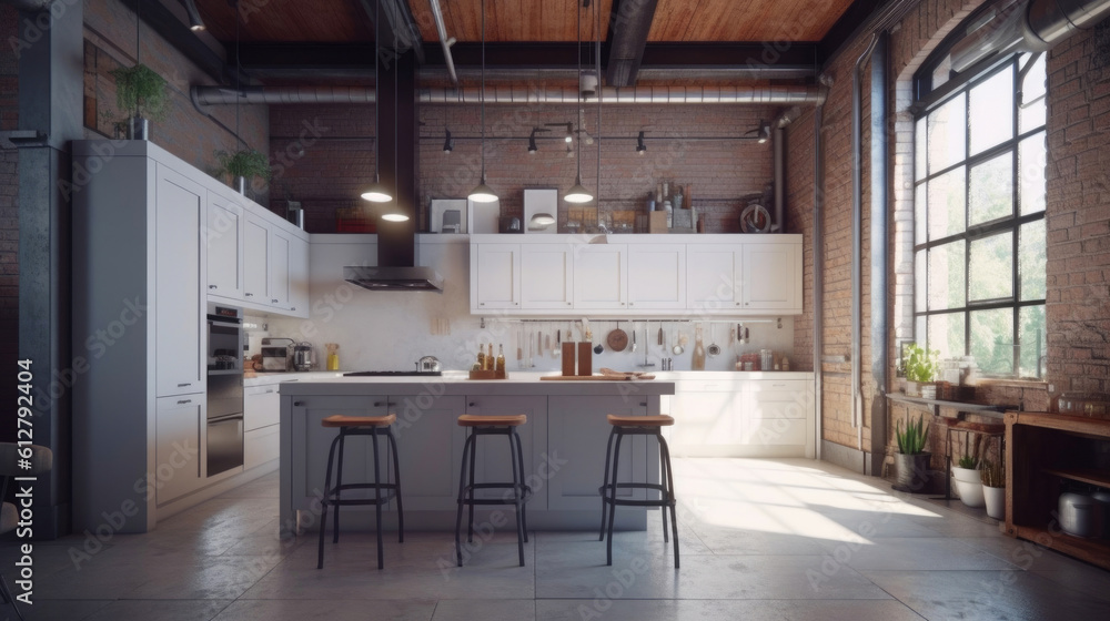 Minimalist Loft Kitchen Design featuring White Cabinets and High-Tech Elements. Generative AI