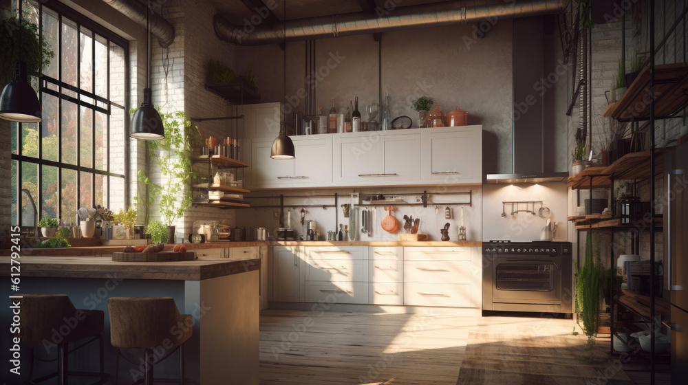 Elegant High-Tech Loft Kitchen with White Cabinetry and Exposed Wood Elements. Generative AI