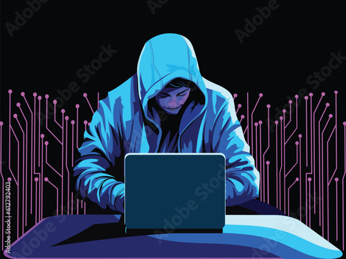 Anonymous Hacker Using Laptop At Desk On Technology Background.