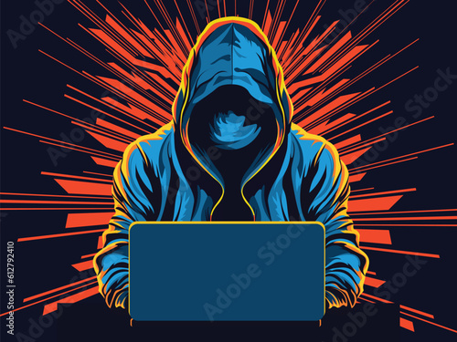 Anonymous Hacker Using Laptop On Abstract Rays Background.
