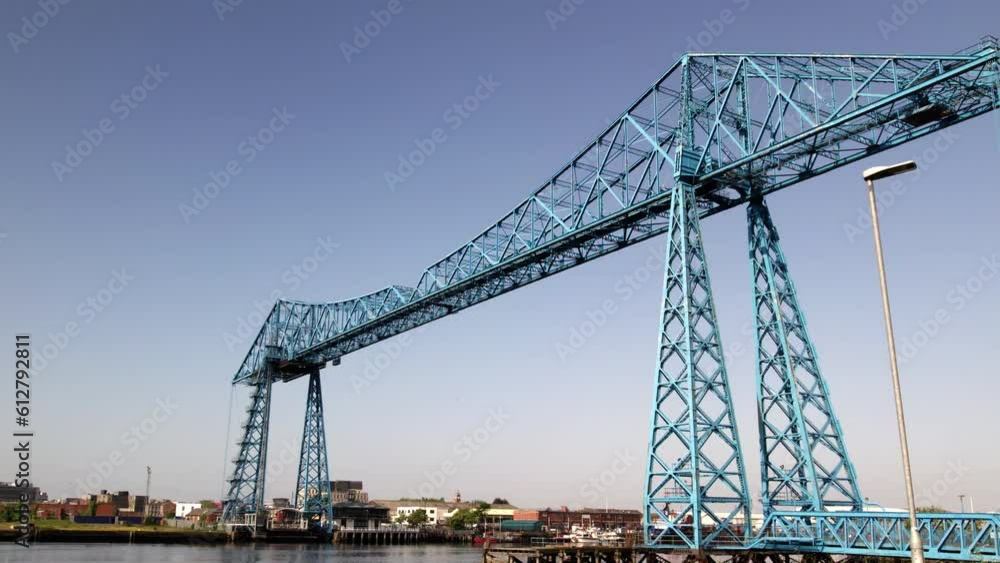 Slow Dolly In drone shot of the Transporter Bridge in Middlesbrough at low level Slow Dolly In drone shot of the Transporter Bridge in Middlesbrough at low level