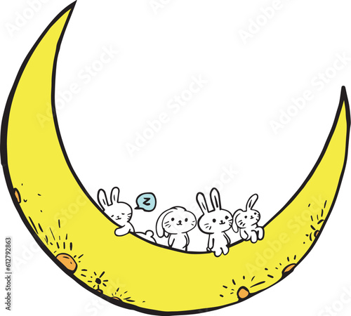 A cartoon rabbit on a fairytale glowing yellow crescent moon.