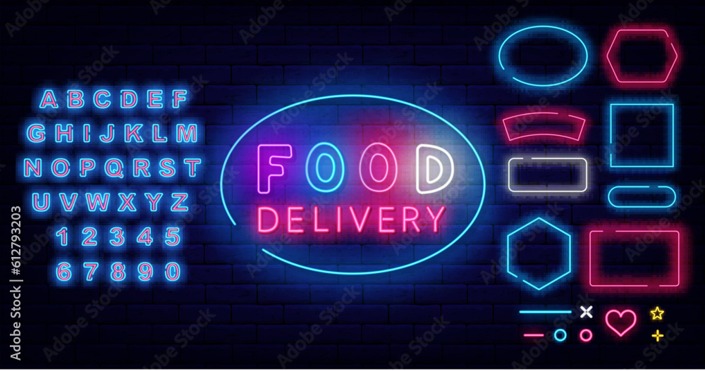 Food delivery neon signboard. Glowing advertising. Catering service. Vector stock illustration