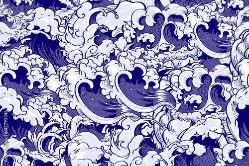 Ocean waves seamless pattern. Sea wave blue background, wind storm surf water hand drawn vector illustration

