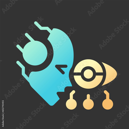 AI see gradient glyph icon with lineart for dark theme. Machine vision. Artificial intelligence. Images recognition. Isolated color vector illustration for night mode. Solid linear pictogram