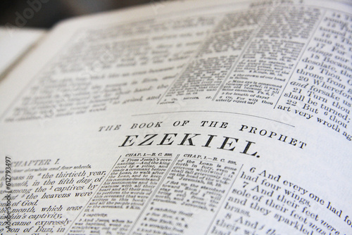 Book of the Prophet Ezekiel, page detail. Closeup Bible text.  photo