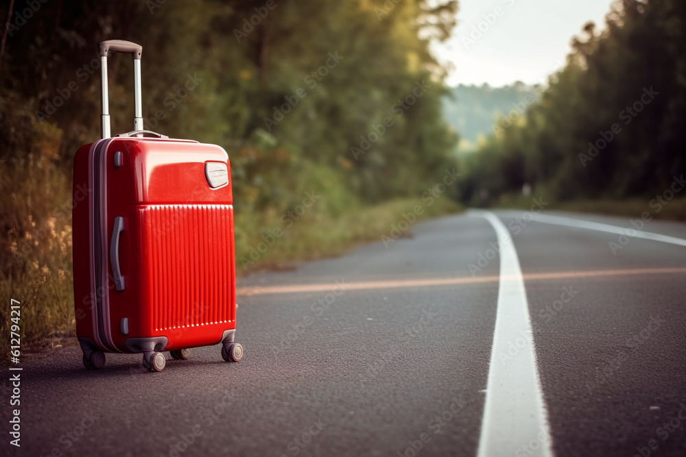 a_red_suitcase_laying_down_on_the_road a_red_suitcase_laying_down_on_the_road
