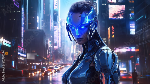 Futuristic cyborg, with glowing blue eyes and metallic limbs, standing in a cityscape. Cyberpunk dystopia. Generative ai.