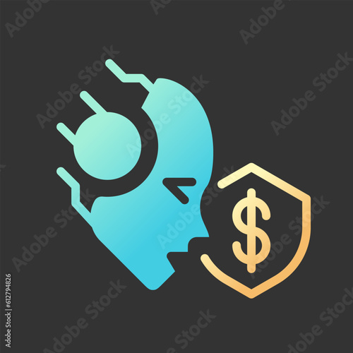 AI protects gradient glyph icon with lineart for dark theme. Credit card fraud detection. Artificial intelligence solution. Isolated color vector illustration for night mode. Solid linear pictogram