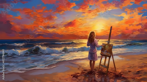 A young artist painting a vibrant sunset on a beach, with waves crashing in the background, creating a serene and peaceful atmosphere. Generative ai © ckybe