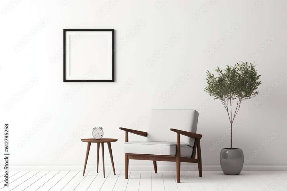 Blank picture frame mockup on white wall. White living room design. View of modern scandinavian style interior with chair. Home staging and minimalism concept | Generative AI Blank picture frame mockup on white wall. White living room design. View of modern scandinavian style interior with chair. Home staging and minimalism concept | Generative AI