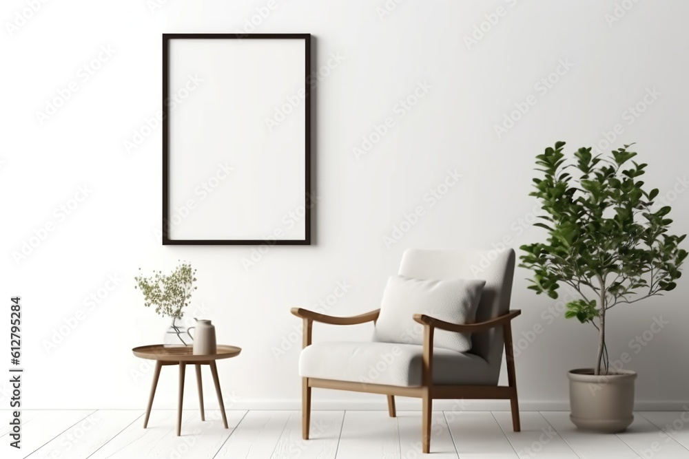 Blank picture frame mockup on white wall. White living room design. View of modern scandinavian style interior with chair. Home staging and minimalism concept | Generative AI Blank picture frame mockup on white wall. White living room design. View of modern scandinavian style interior with chair. Home staging and minimalism concept | Generative AI