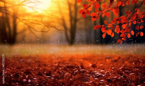 Sunlight falling from autumn leaves landscape photo. Generative AI