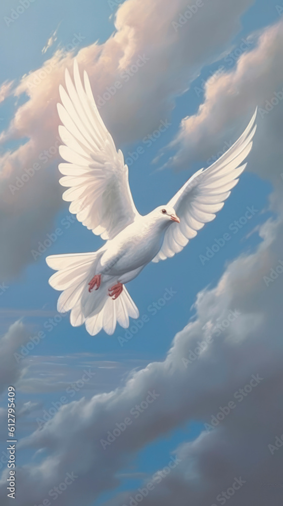 Fototapeta premium A white dove flies and to symbolise the Holy Spirit and Pentecost. Generative AI