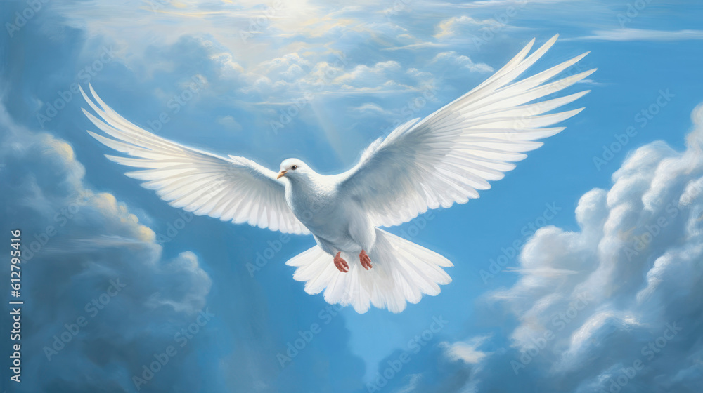 Obraz premium A white dove flies and to symbolise the Holy Spirit and Pentecost. Generative AI
