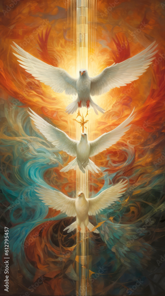 Three white doves symbolise the Holy Trinity, the Holy Spirit and Pentecost. Generative AI Stock