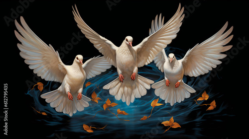 Three white doves symbolise the Holy Trinity, the Holy Spirit and Pentecost. Generative AI