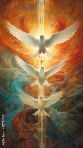 Three white doves symbolise the Holy Trinity, the Holy Spirit and Pentecost. Generative AI