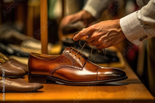 A close - up shot of a man trying on a pair of stylish shoes in a boutique. Generative AI