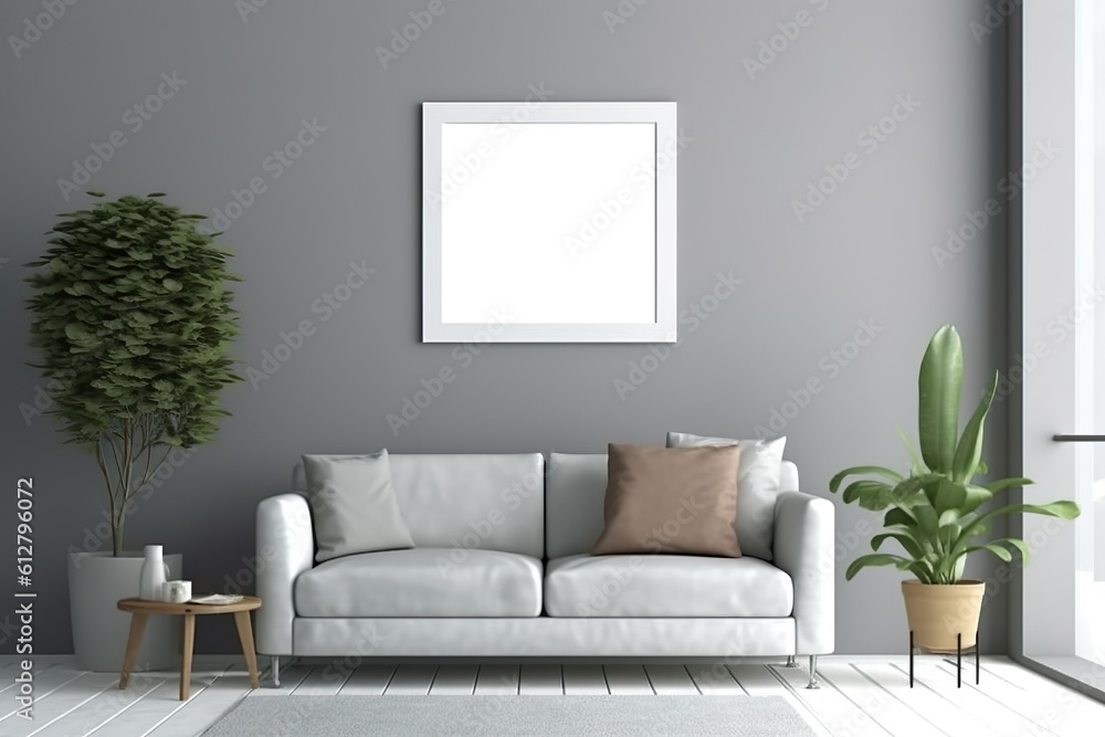 Fototapeta premium Blank picture frame mockup on gray wall. White living room design. View of modern scandinavian style interior with square artwork mock up on wall. Home staging and minimalism concept | Generative AI