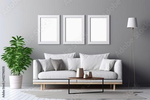 Blank picture frame mockup on gray wall. White living room design. View of modern scandinavian style interior with square artwork mock up on wall. Home staging and minimalism concept   Generative AI