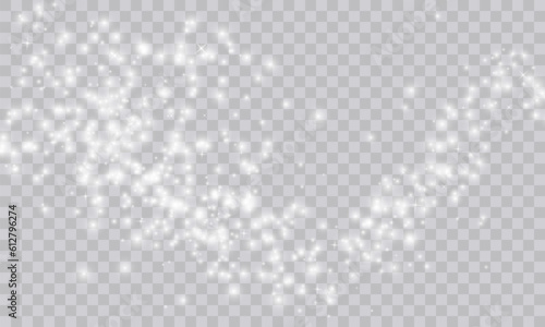 White png dust light. Bokeh light lights effect background. Christmas background of shining dust. Christmas glowing light confetti and spark overlay. Shimmering Dust. Festive Designs.