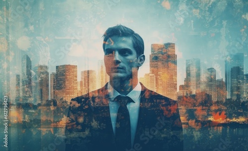 A business man in a suit, in the style of double exposure. Generative AI