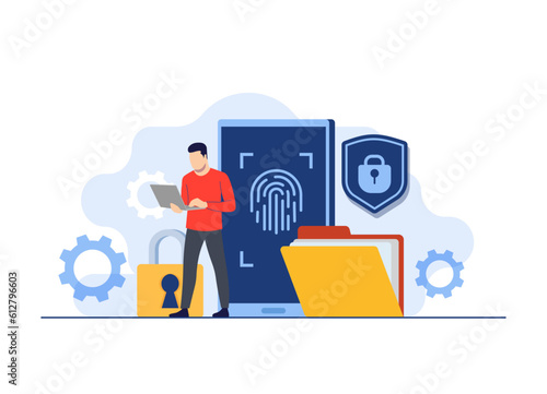 Biometric authentication concept flat illustration, Data and account protection with fingerprint scanner, Personal data protection, Biometric lock concept for landing page, web banner, infographic