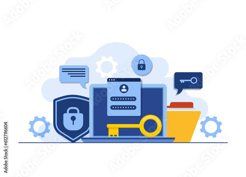 Data and account protection concept flat vector illustration, Password secure access on laptop computer, Cyber security for landing page, mobile app, template, web banner, infographics