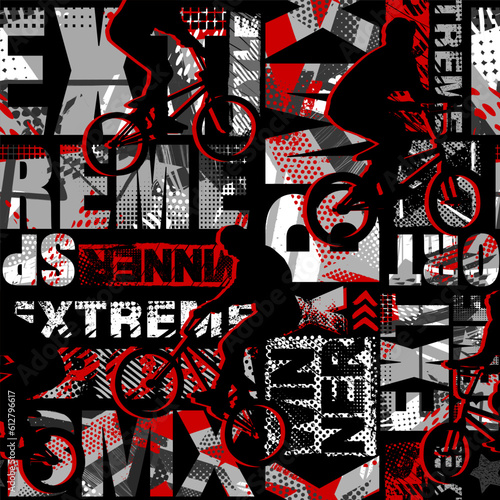 Abstract seamless grunge pattern for guys. Urban style modern background with boy on bicycle BMX. Sport extreme style creative wallpaper